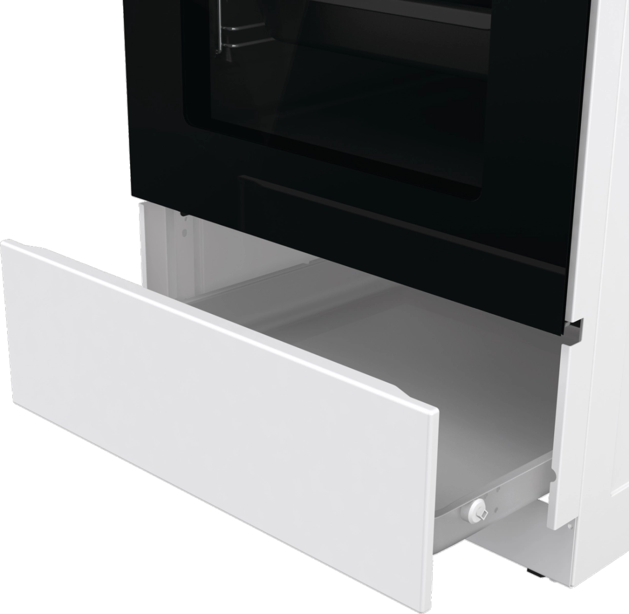 Готварска печка със стъклокерамичен плот Gorenje GEC5A61WG, 70 литра, бял, (13736): Отворено долно чекмедже