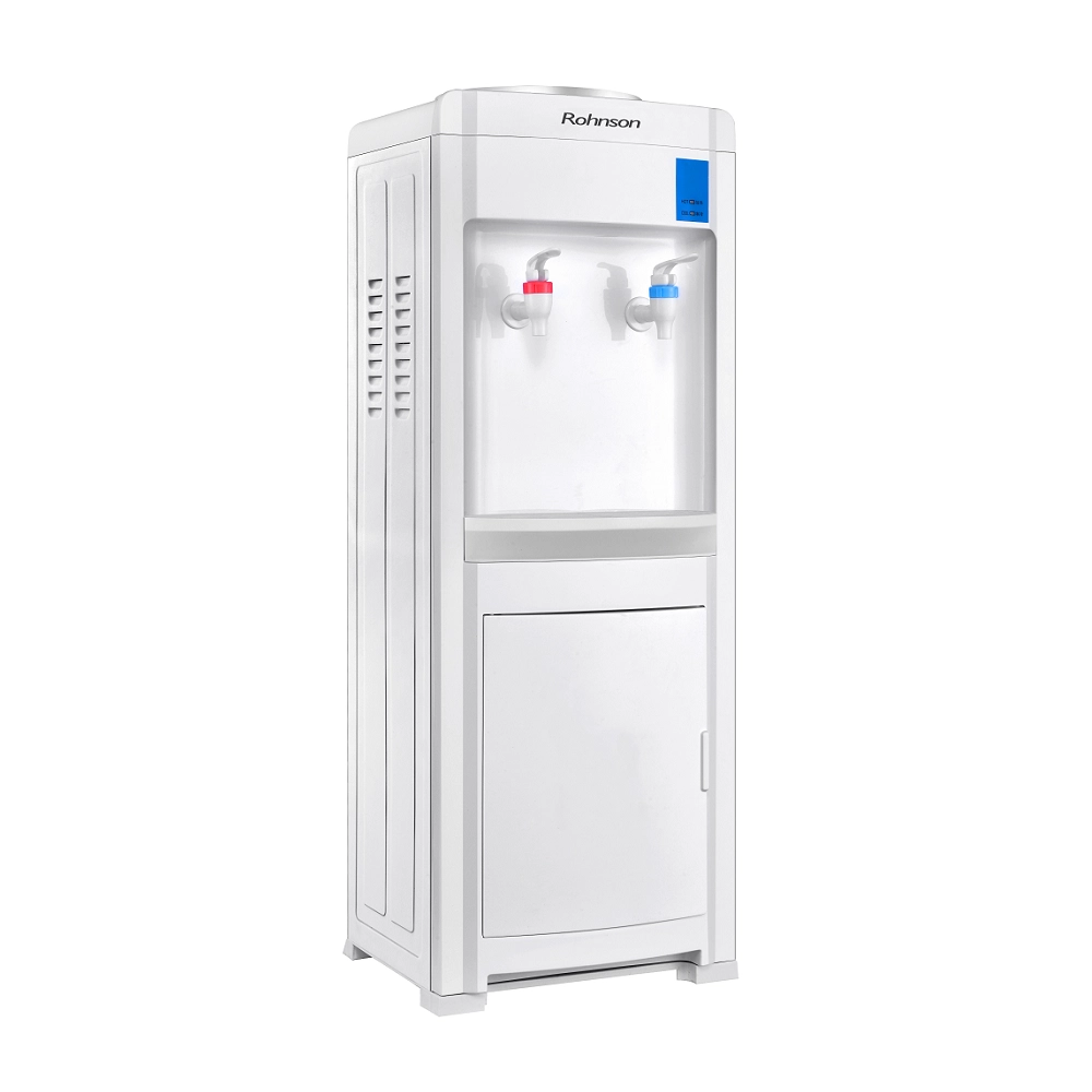 Електронен диспенсър за вода Rohnson R-9706, 420W/75W, 15/90℃, Охлаждане 0,5L/h, Затопляне 5L/h, Шкафче 14л., Бял, (16725): Диспенсър с две кранчета