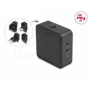 Delock Зарядно устройство GaN, 2 x USB-C, PD 65 W, адаптер за EU / US / UK, (35939528)