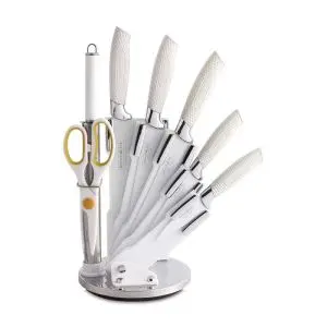 Комплект стоманени ножове Royalty Line RL-WHT8W, 8 ч, Стойка, Незалепващо покритие, Бял, (20313)