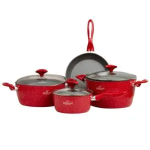 Комплект тенджери и тиган Bohmann BH 7357, 7 части, Мраморно покритие, Многослойно дъно, Индукция, Червен, (22275)